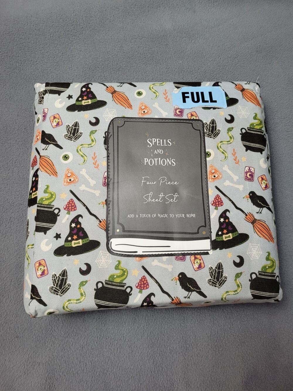 Spells & Potions Halloween 4 Pc Sheet Set Witch Hat Cauldron Broom Full Size